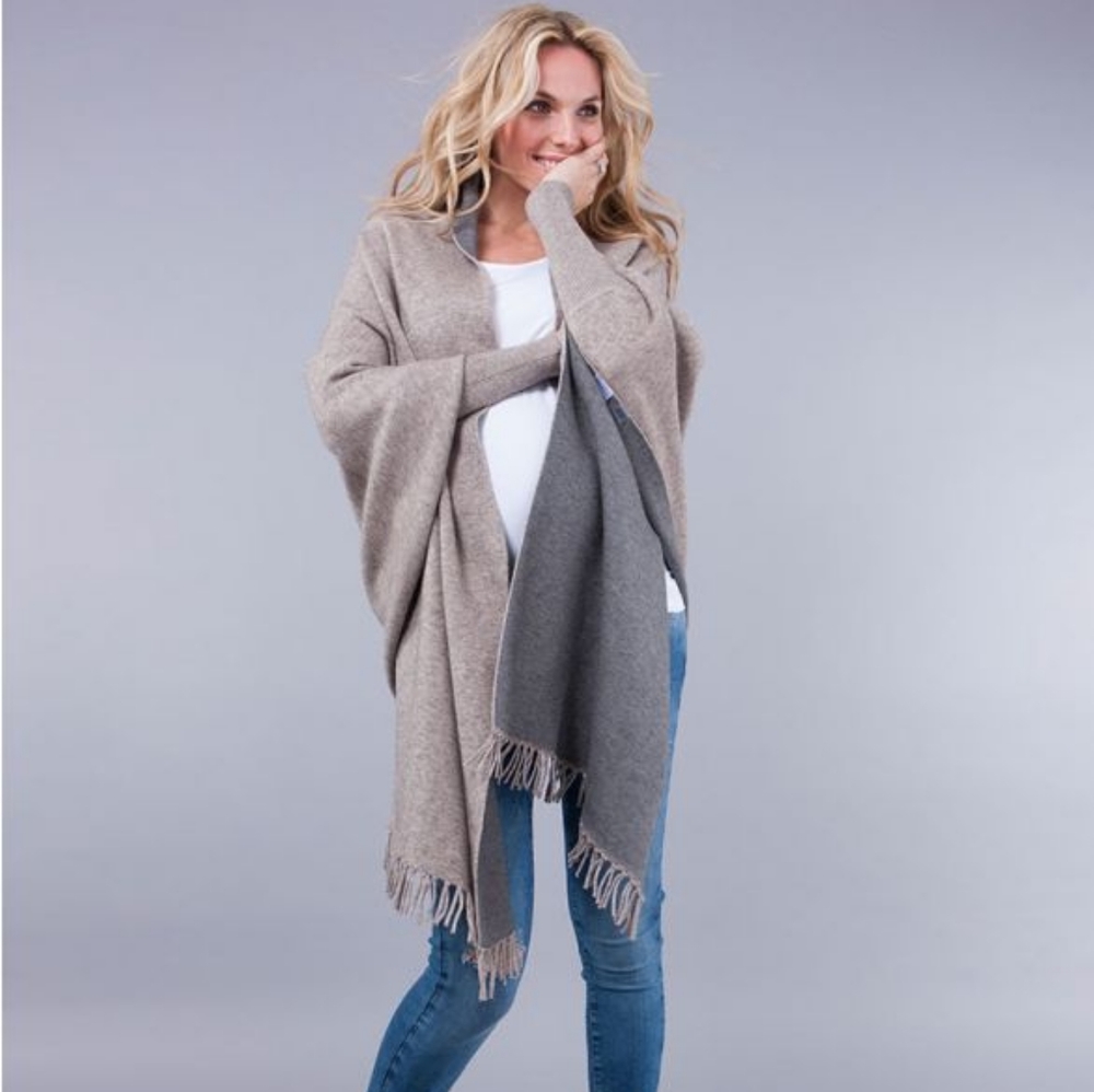 Seraphine Two-Tone Luxury Maternity Shawl Wrap - NWT - One Size - Charcoal, Sand